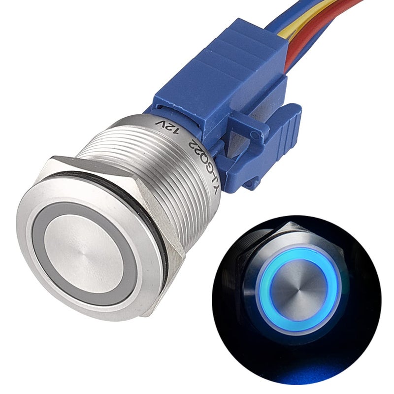 APIELE 22mm Momentary Push Button Switch 12V Angel Eye LED Waterproof Stainless Steel Round Metal Self-Reset 7/8'' 1NO 1NC with Pigtail (Blue) - Image 1